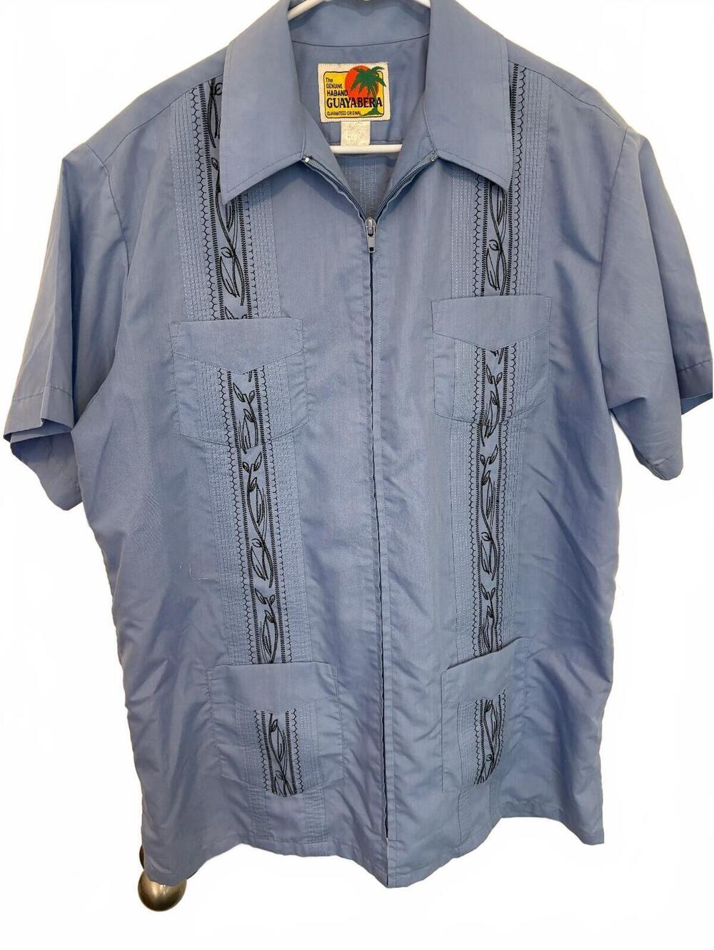 Y2K Vintage Haband Guayabera Cuban Men's XL Light Blue SS Pocket Shirt Zip